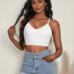 Lace Trim Spaghetti Strap Crop Top V Neck Sleeveless Cami