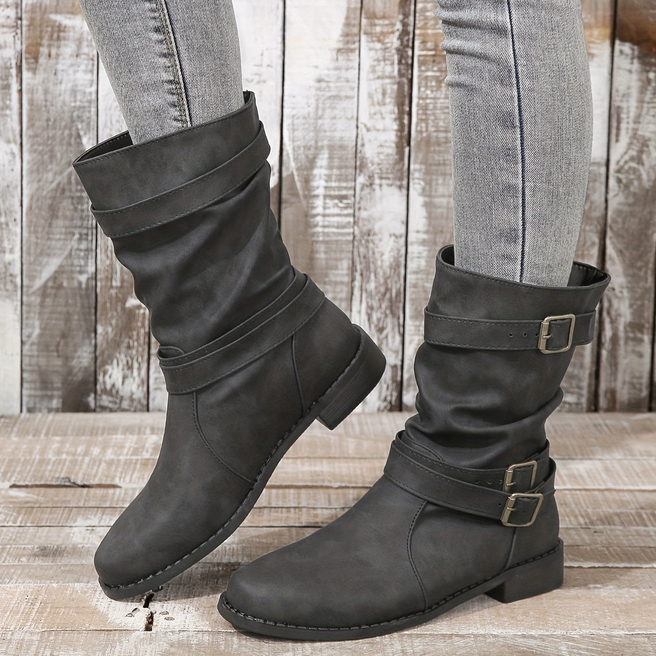 Women's Buckle Strap Chunky Heel Cowboy Boots