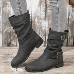 Women's Buckle Strap Chunky Heel Cowboy Boots