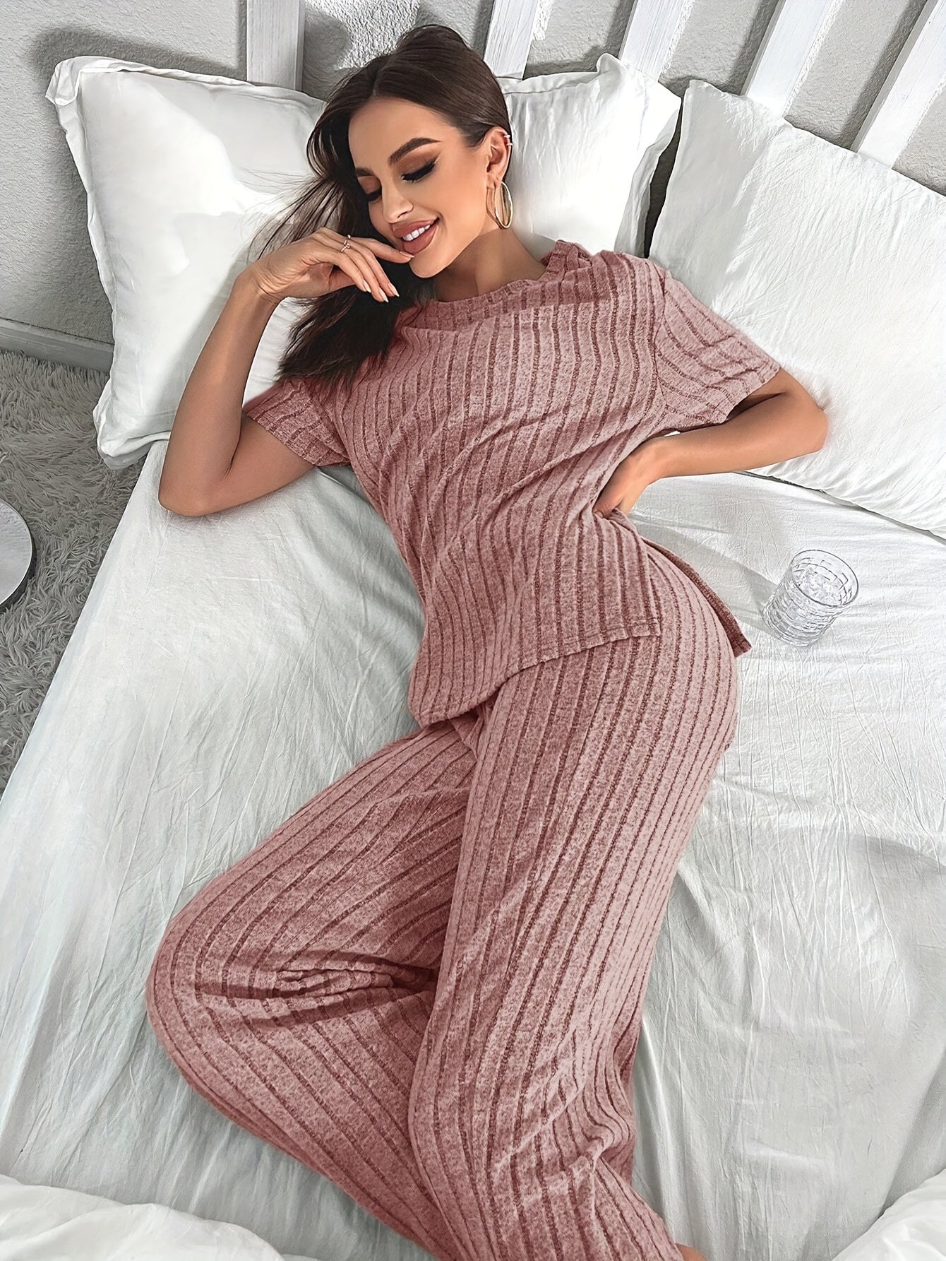 Ribbed Lounge Set Short Sleeve Crew Neck Top & Pants Women's Loungewear