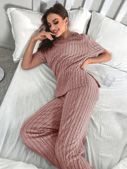 Ribbed Lounge Set Short Sleeve Crew Neck Top & Pants Women's Loungewear