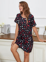 Heart Print Nightdress Short Sleeve Sleep Dress Women's Sleepwear