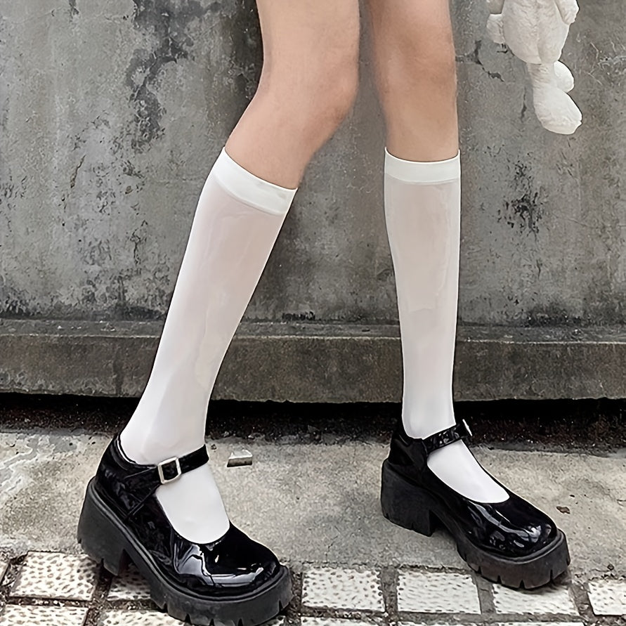 2 Pairs Solid Calf Socks College Style Knee High Women's Stockings