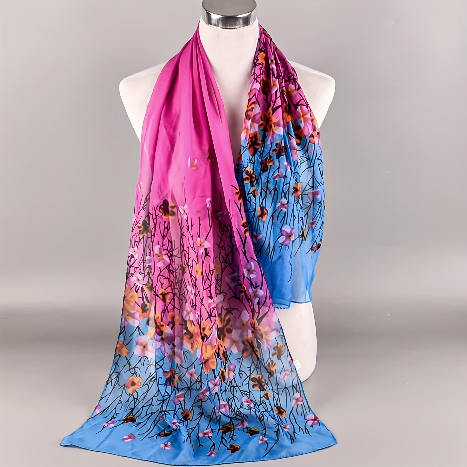 Gradient Floral Printed Chiffon Scarf Silk Head Wrap Sunscreen