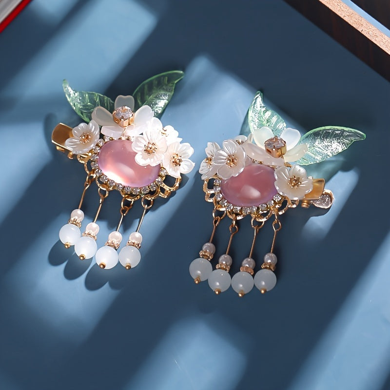 2Pcs Girls Chinese Hanfu Headdress Pearl Beaded Hair Clip Bunny Flower Tassel