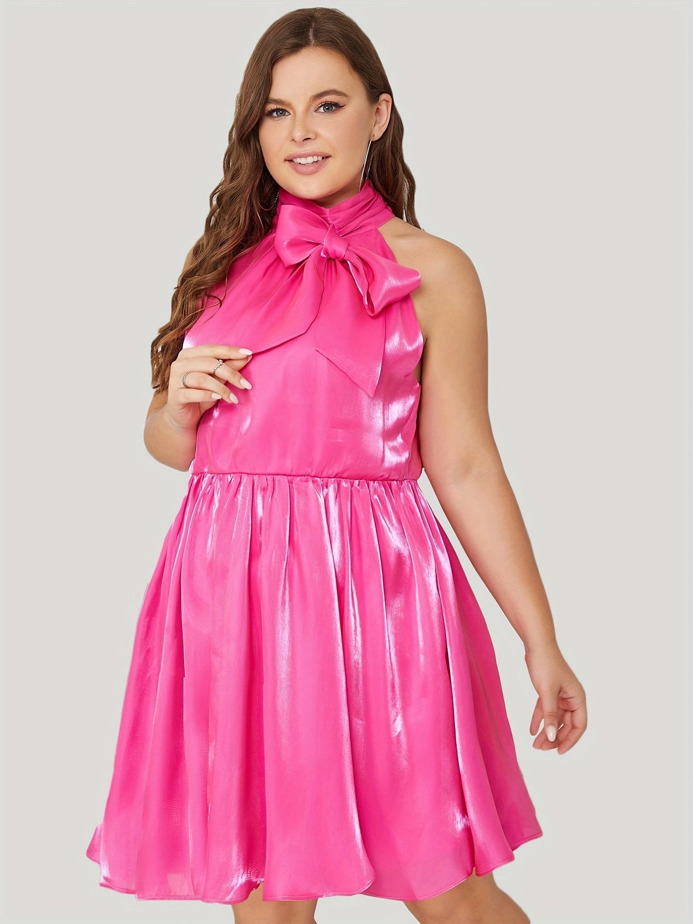 Plus Size Solid Halter Neck Organza Dress with Bow Knot Front