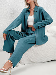 Solid Striped Two piece Set Button Front Shirt & Wide Leg Pants