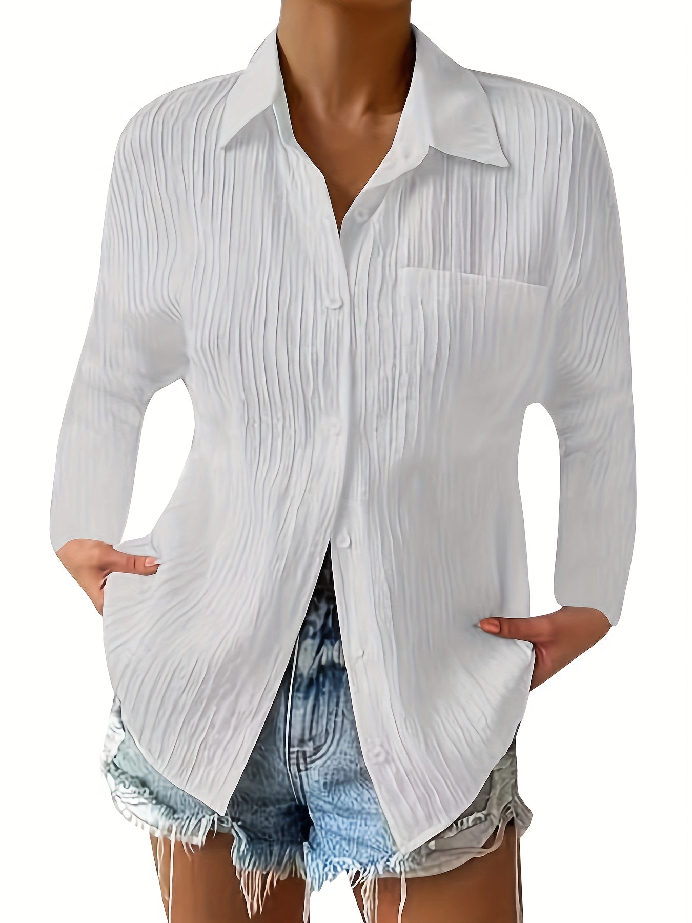 Casual Blouse Women's Plus Solid Button Up Long Sleeve