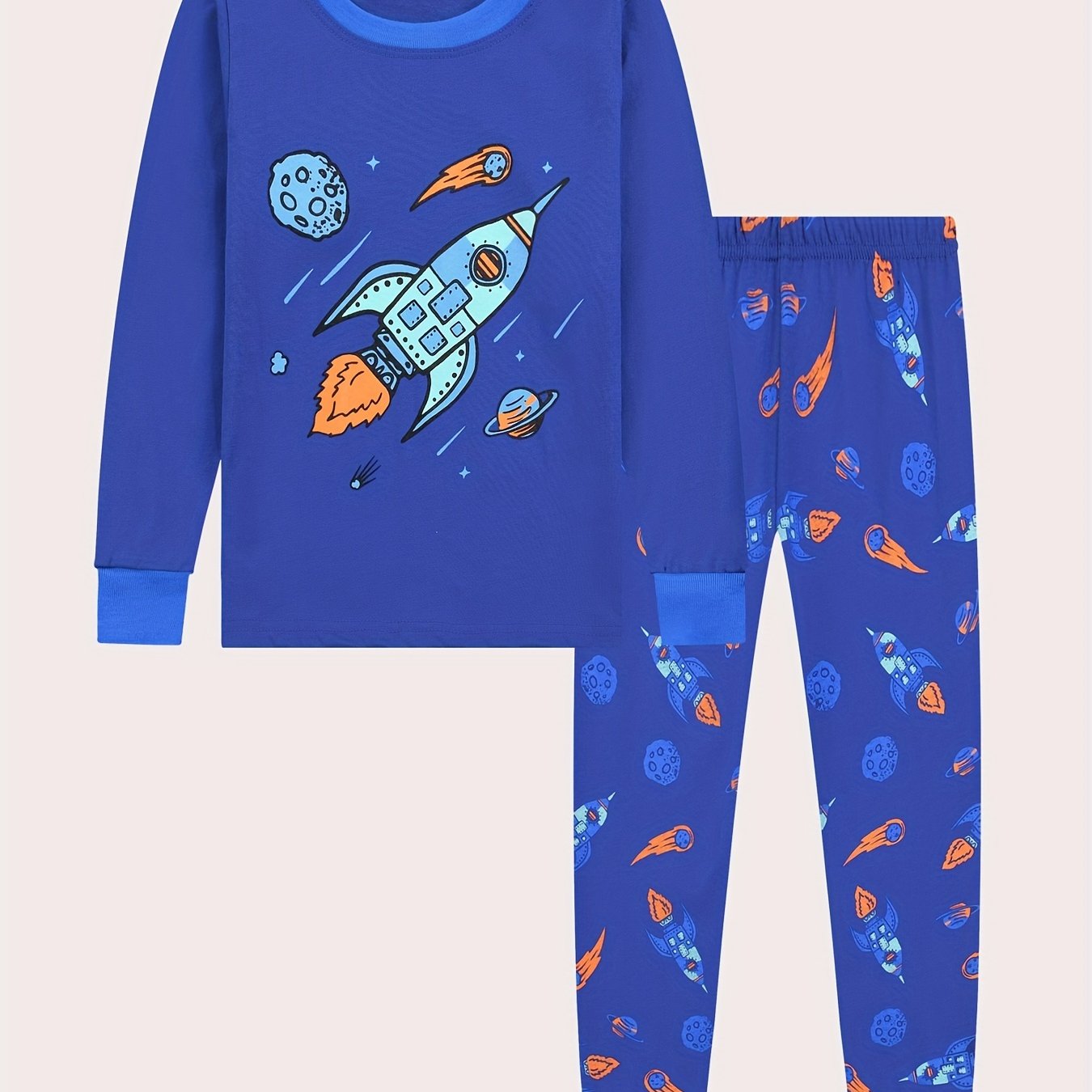 Rocket Pattern Kid's Pajamas Long Sleeve Top & Pants Set