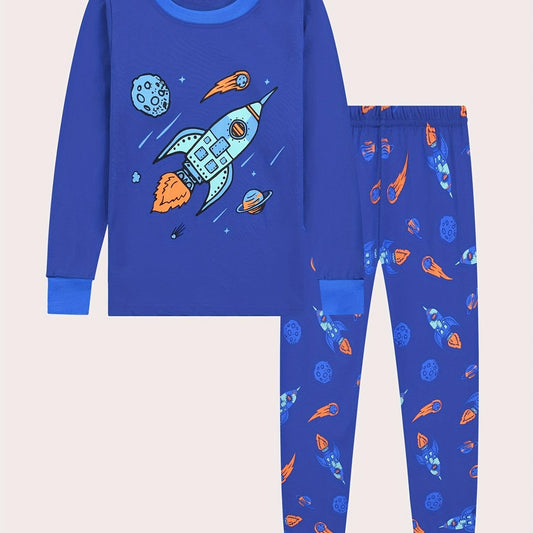 Rocket Pattern Kid's Pajamas Long Sleeve Top & Pants Set