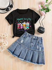 Girl's HAPPY EVERY Letter Tee Top & Denim Skirt Set