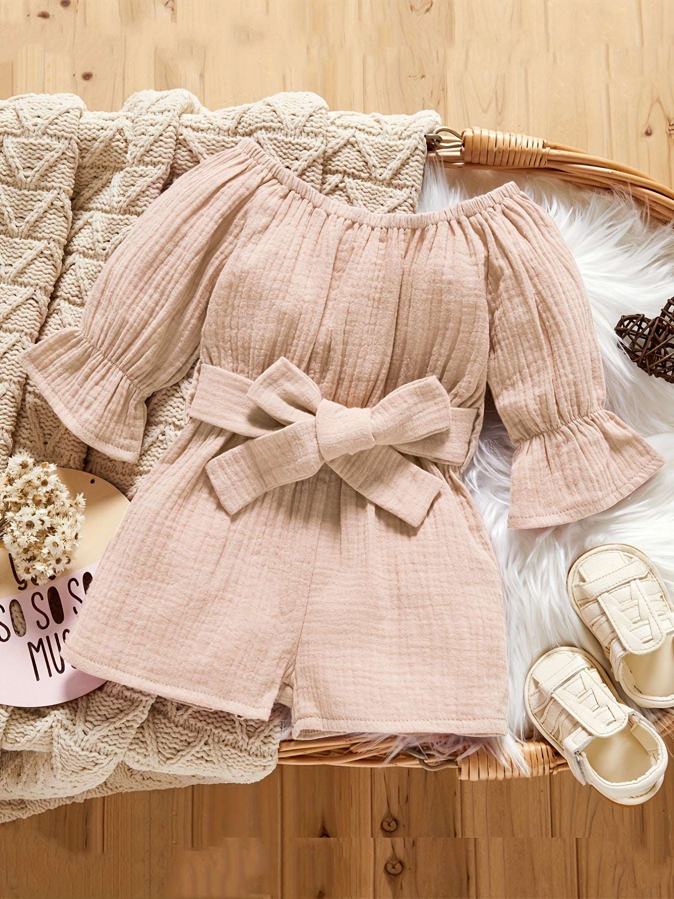 Baby Girls Off Shoulder Long Sleeve Romper With Pants
