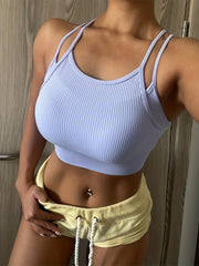 Rib Knit Sporty Crop Tank Top Round Neck