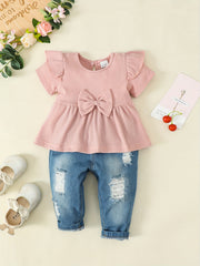 2pcs Baby Girls Bowknot Ruffle Top & Ripped Jeans Set