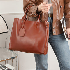 Vintage High Top Grain Leather Handbag Adjustable Strap Zipper Closure Tote