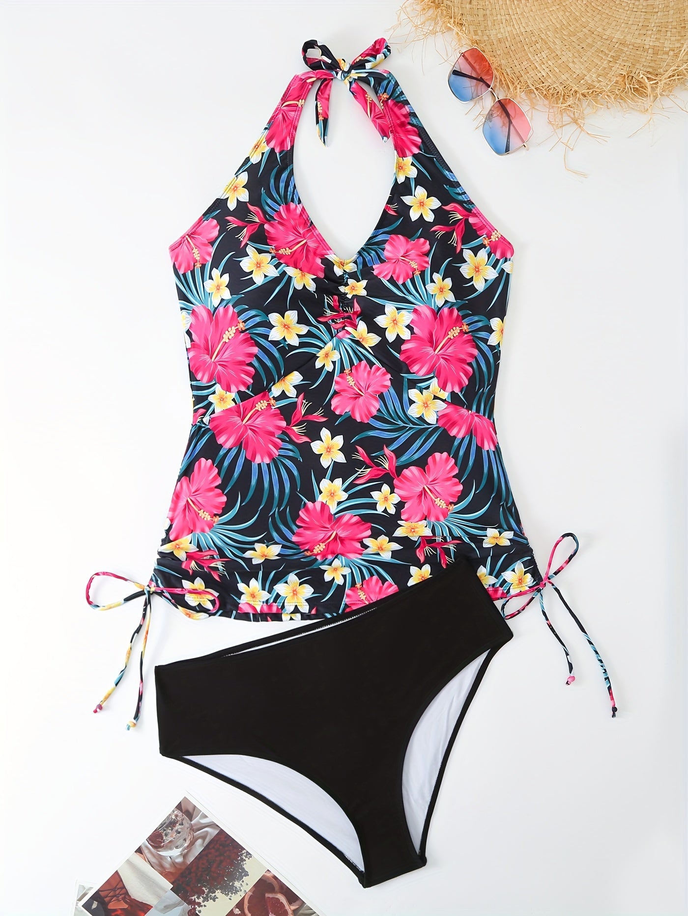 Boho Tankini Set Tropical Print Lace Up Halter Top & Panty Swimsuit