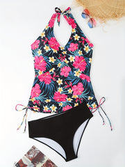 Boho Tankini Set Tropical Print Lace Up Halter Top & Panty Swimsuit