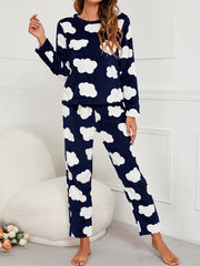 Cloud Print Fuzzy Pajama Set Long Sleeve Crew Neck Top & Elastic Waistband Pants