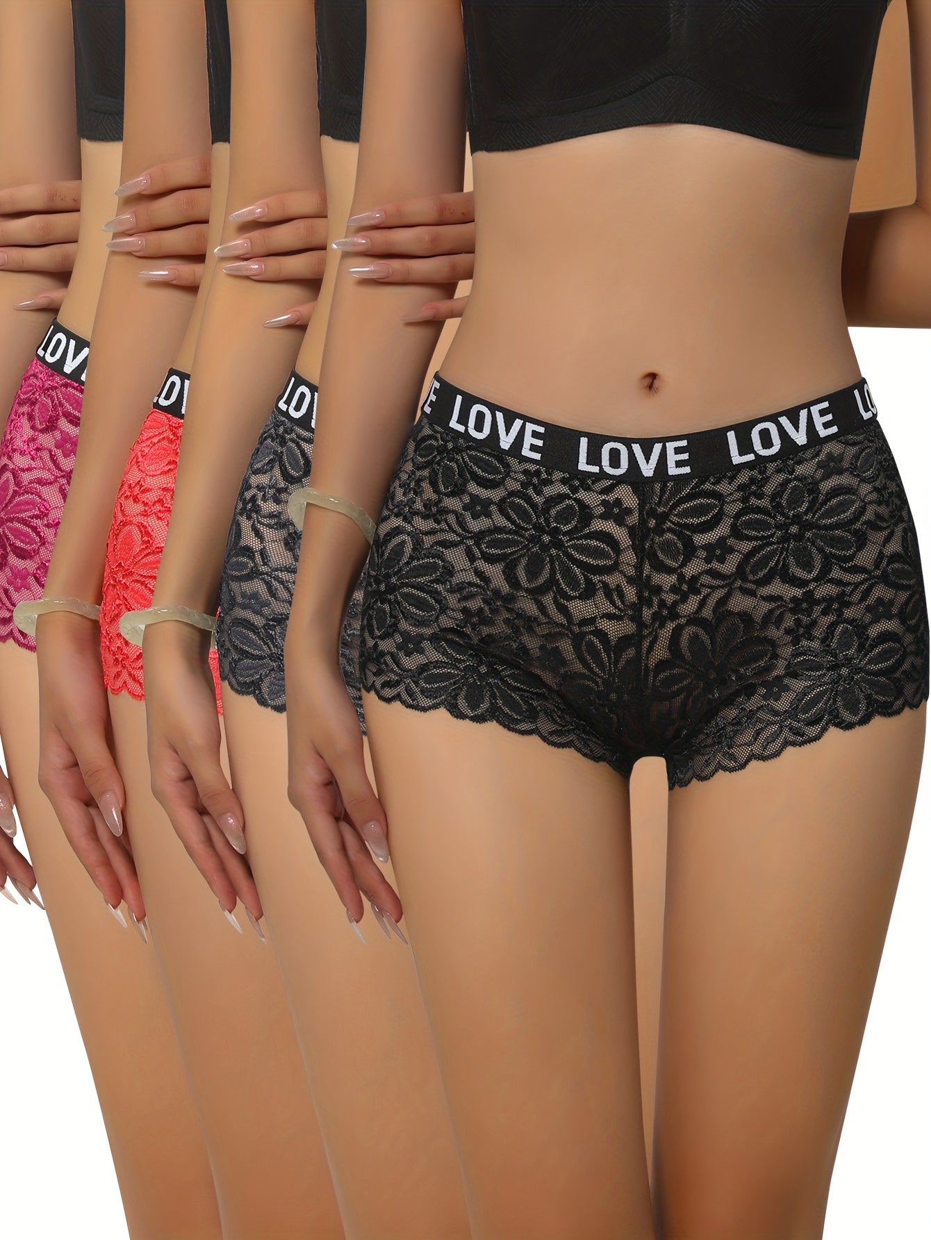 4pcs Lace Boyshort Panties Floral Print Intimates Women's Lingerie