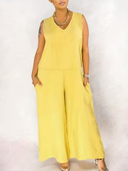 Solid V Neck Wide Leg Jumpsuit With Pockets