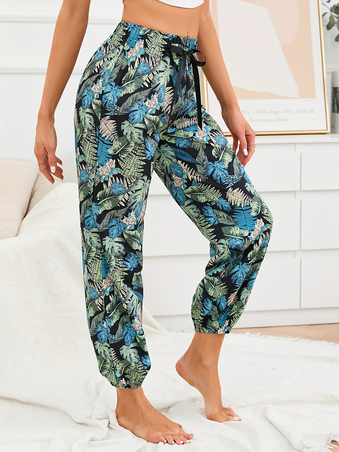 Tropical Print Sleep Bottoms Soft & Comfy Elastic Waistband Pants