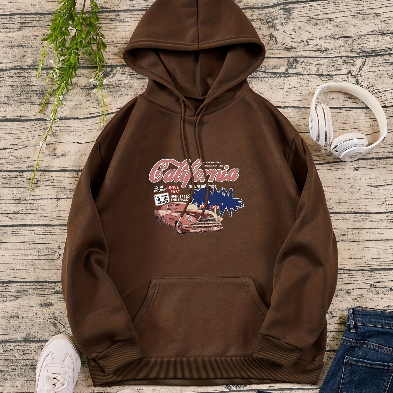 Car & Coconut Tree Casual Shirt Loose Drawstring Hoodies