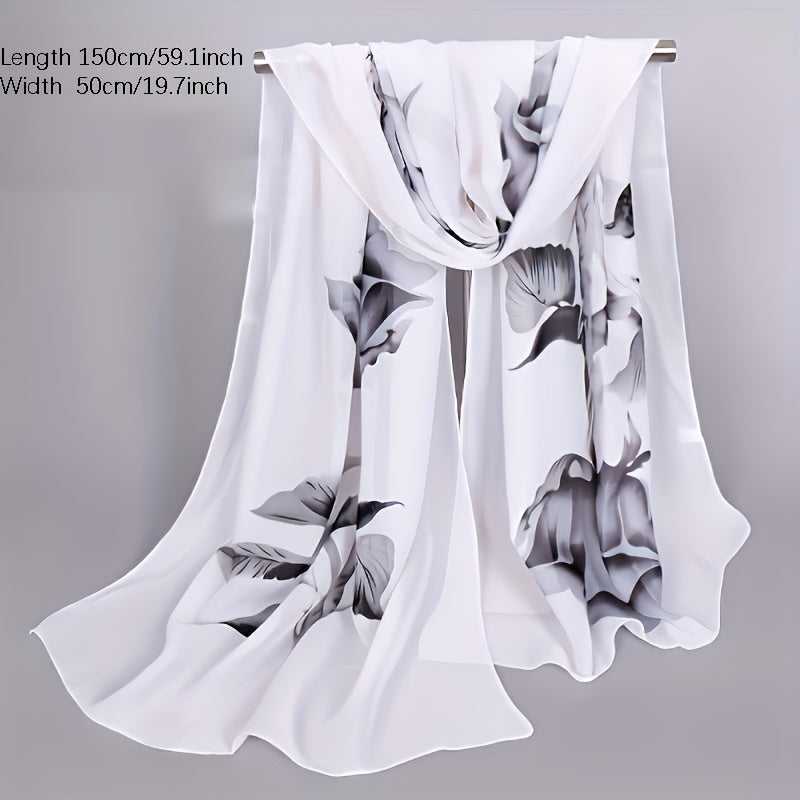 Rose & Floral Chiffon Scarf Lightweight Silk Neck Vintage Wrap