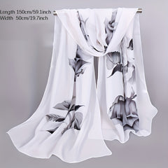 Rose & Floral Chiffon Scarf Lightweight Silk Neck Vintage Wrap