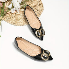 Pointed Toe Flats with Metallic Buckle Patent Leather Slip On Shoes