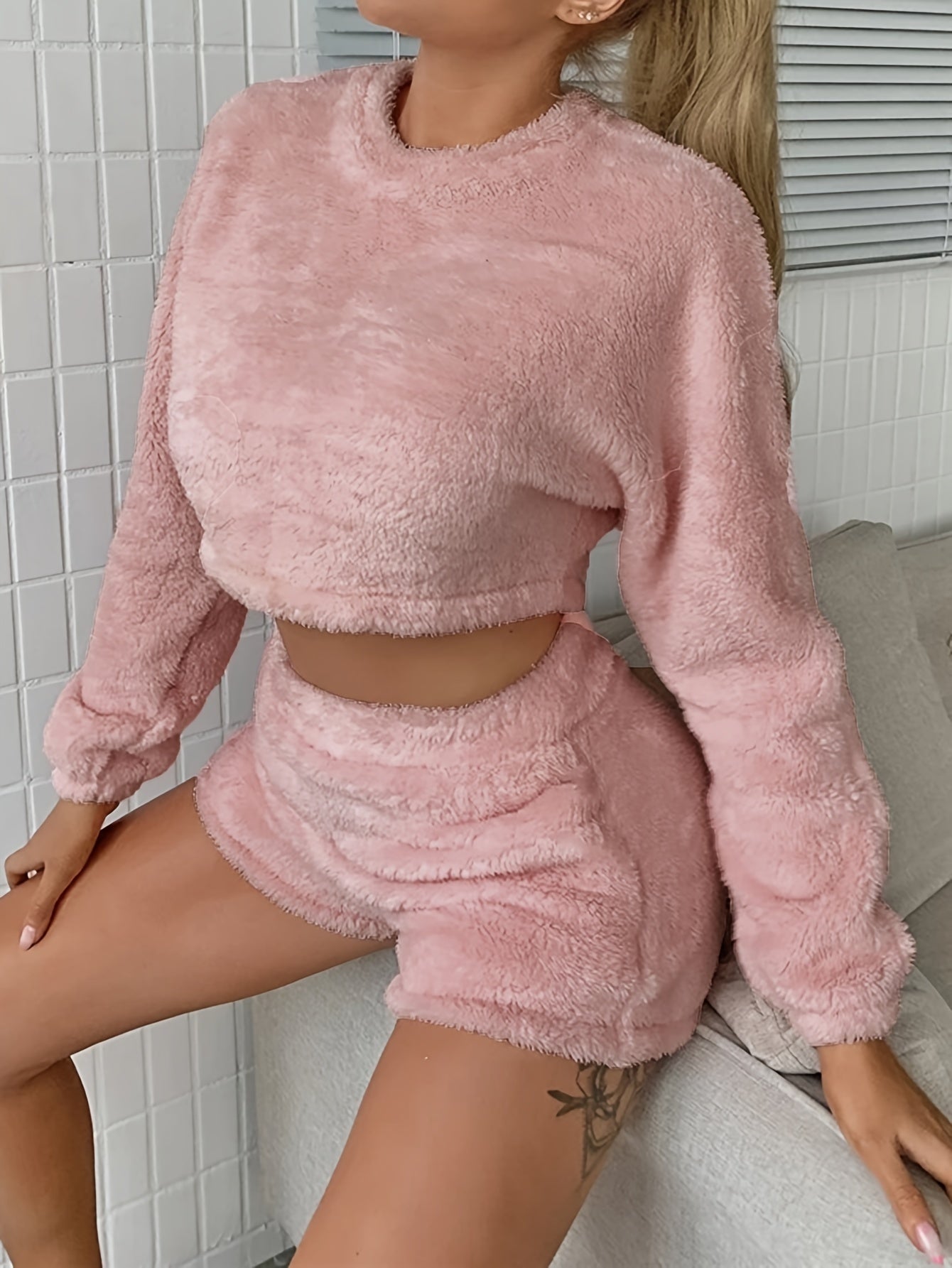 Cozy Fuzzy Pajama Set Crew Neck Top & Shorts