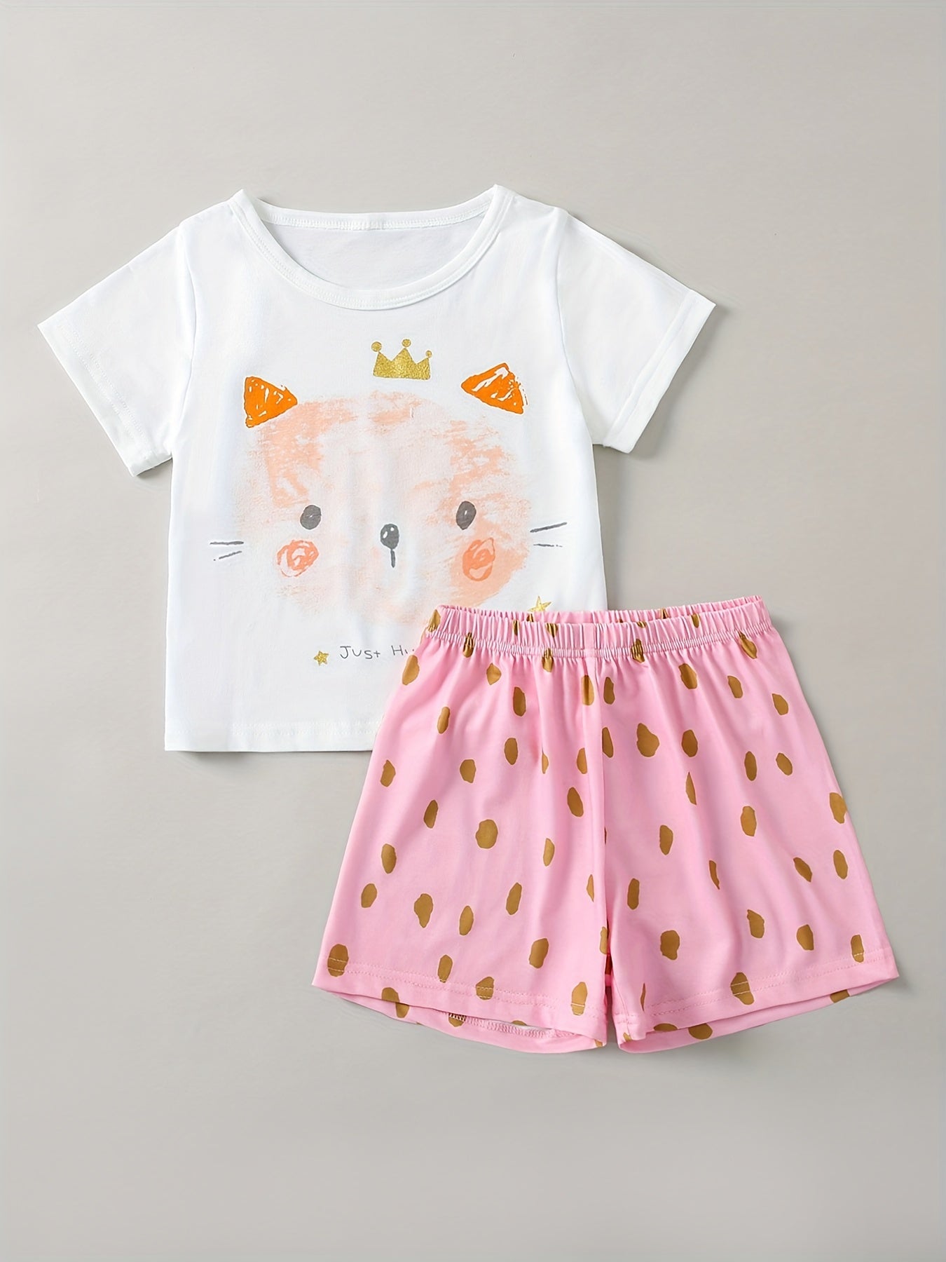 Girl's 2pcs Pajamas Set Cartoon Cat & Polka Dot Print Loungewear