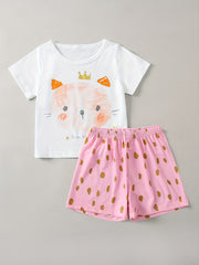 Girl's 2pcs Pajamas Set Cartoon Cat & Polka Dot Print Loungewear