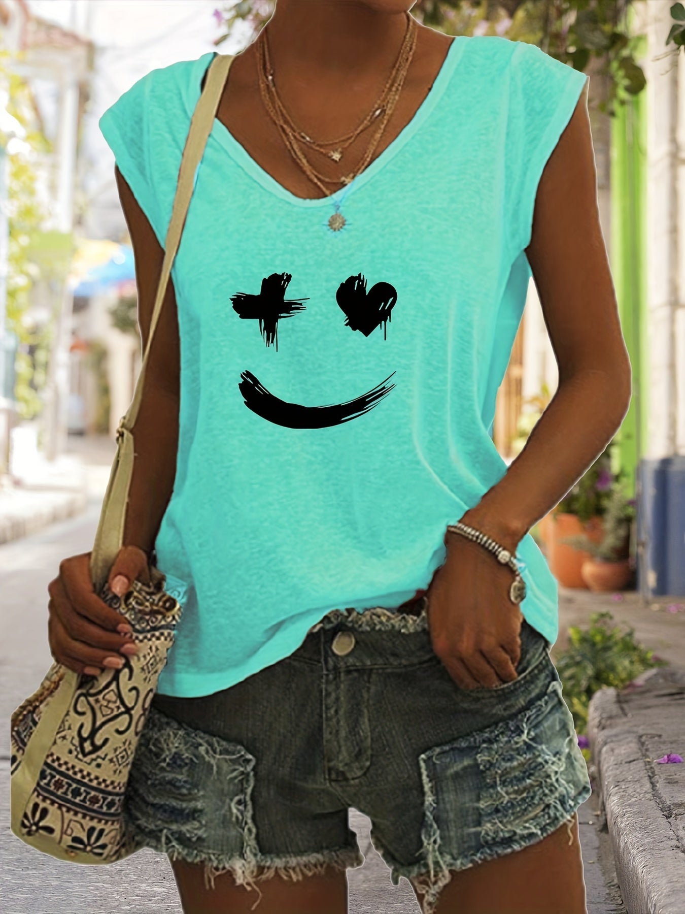 Smile Print V Neck Tank Top Women's Sleeveless Casual Summer Tank
