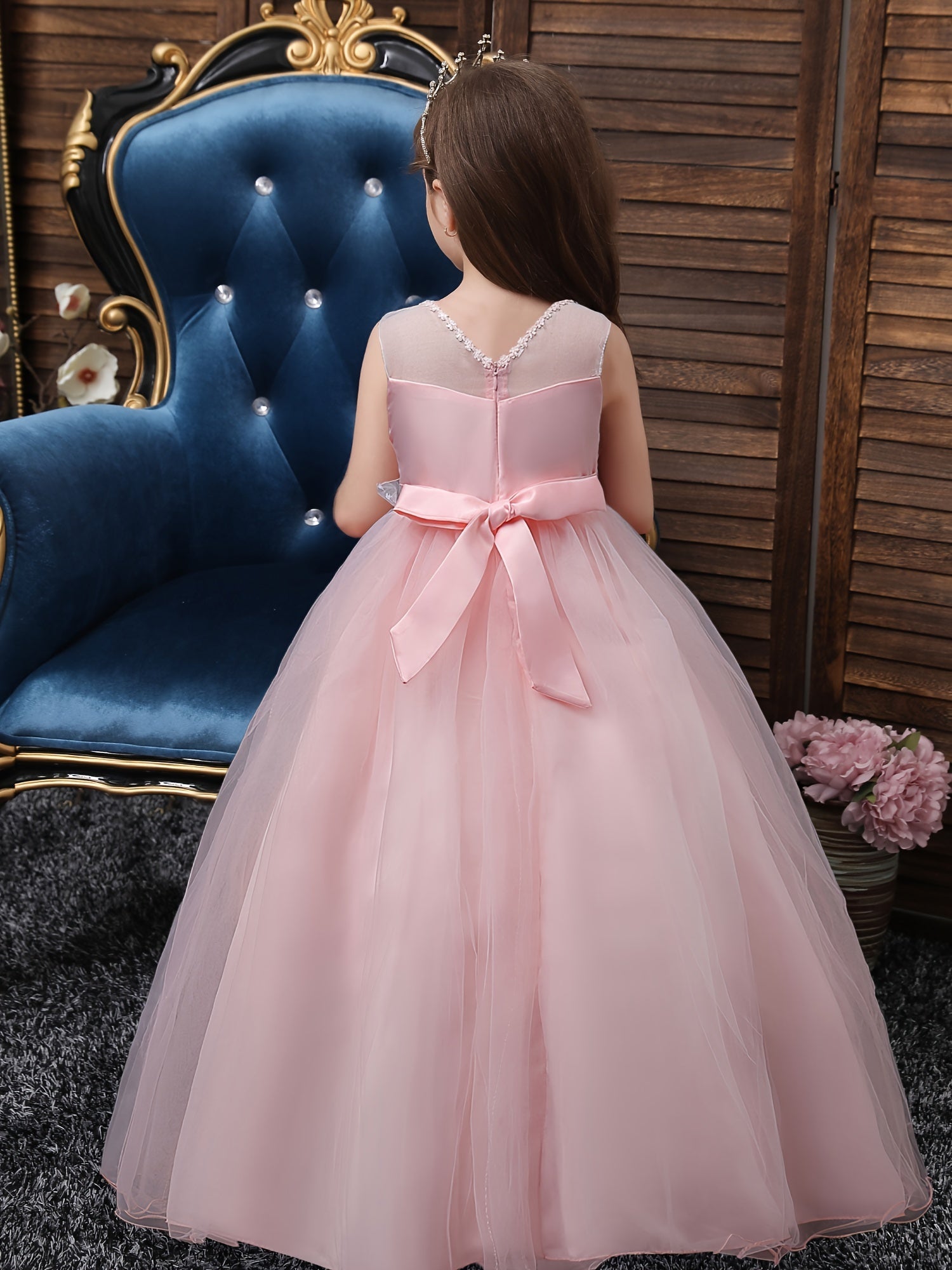 Girls Princess Dress Sleeveless Flower Embroidery Mesh Tutu Dress