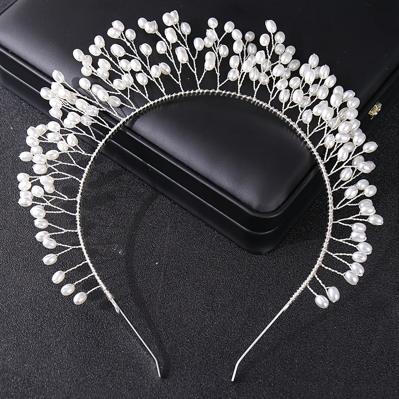 Hand Woven Hairband Leaf Faux Pearl Headbands For Women Bride Crown Tiara Weddin