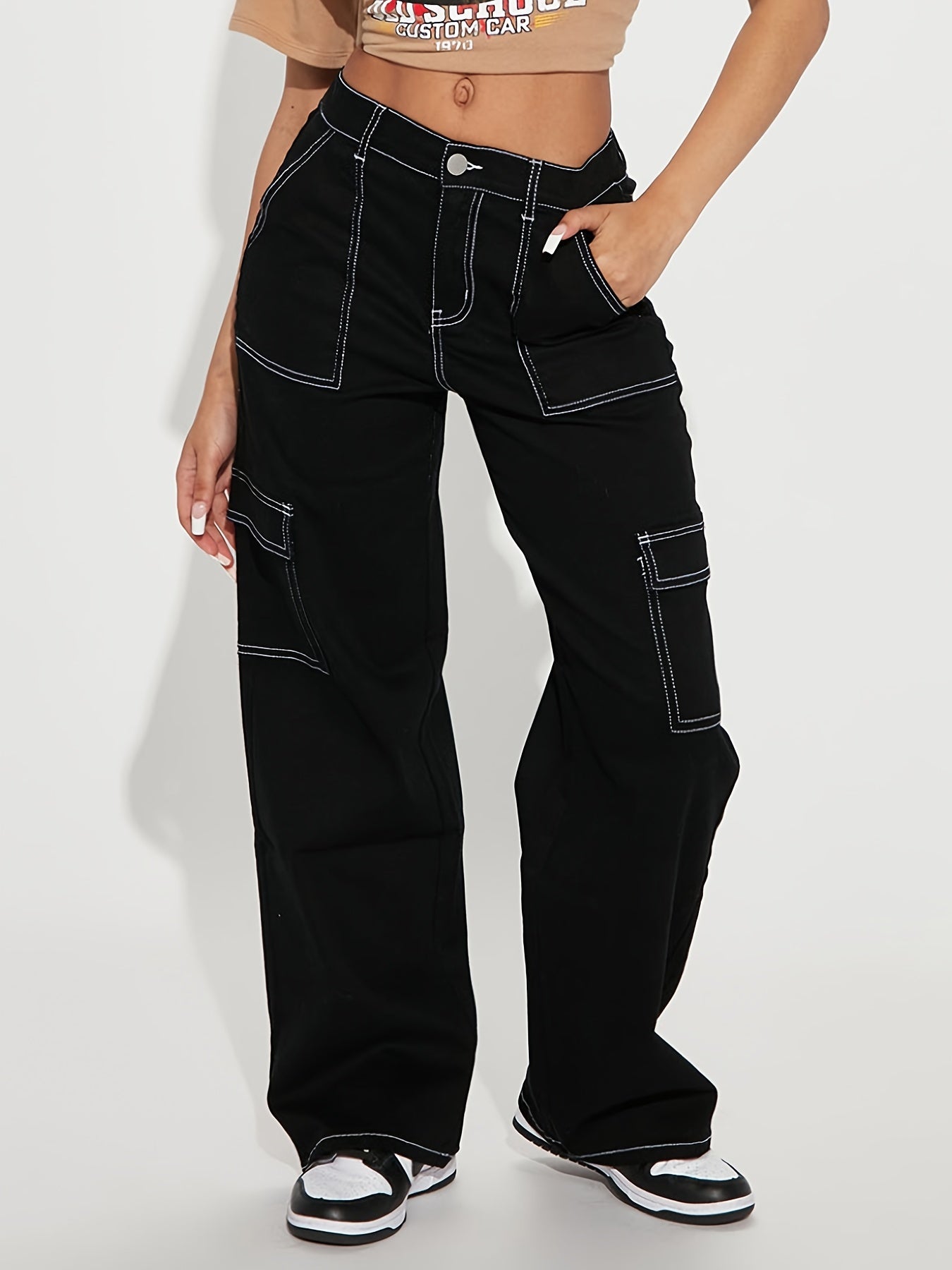 Loose Denim Cargo Pants Solid Zipper Button Closure Jeans
