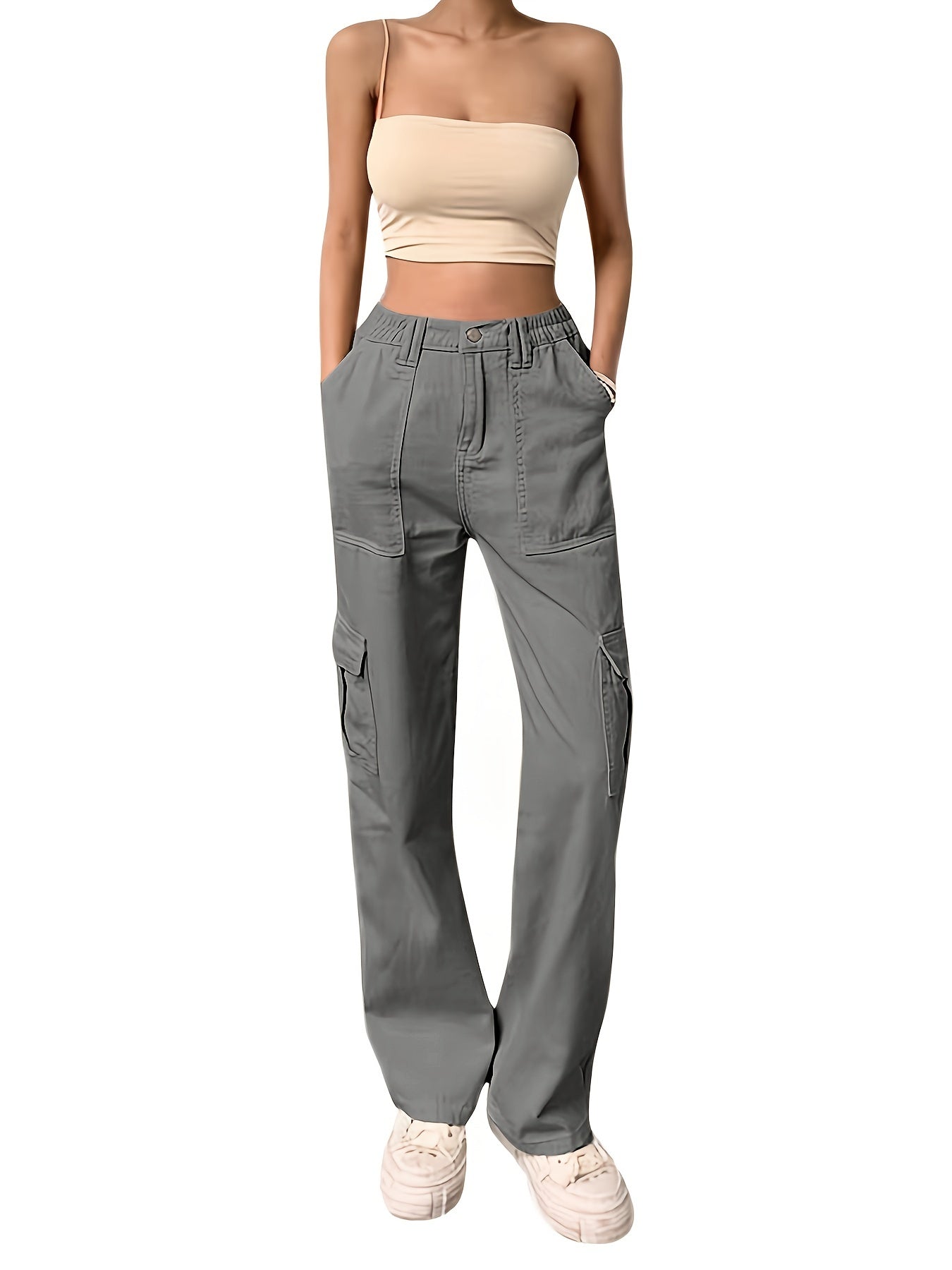 High Rise Solid Cargo Pants Expanded Pockets Loose Baggy Fit