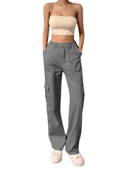 High Rise Solid Cargo Pants Expanded Pockets Loose Baggy Fit