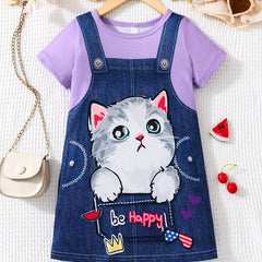 Girls' Kitty Overall Graphic Short Sleeve T Shirt Dress