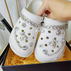 12pcs Hole Shoes Decoration Set Silver Bear Heart Rhinestone Chain