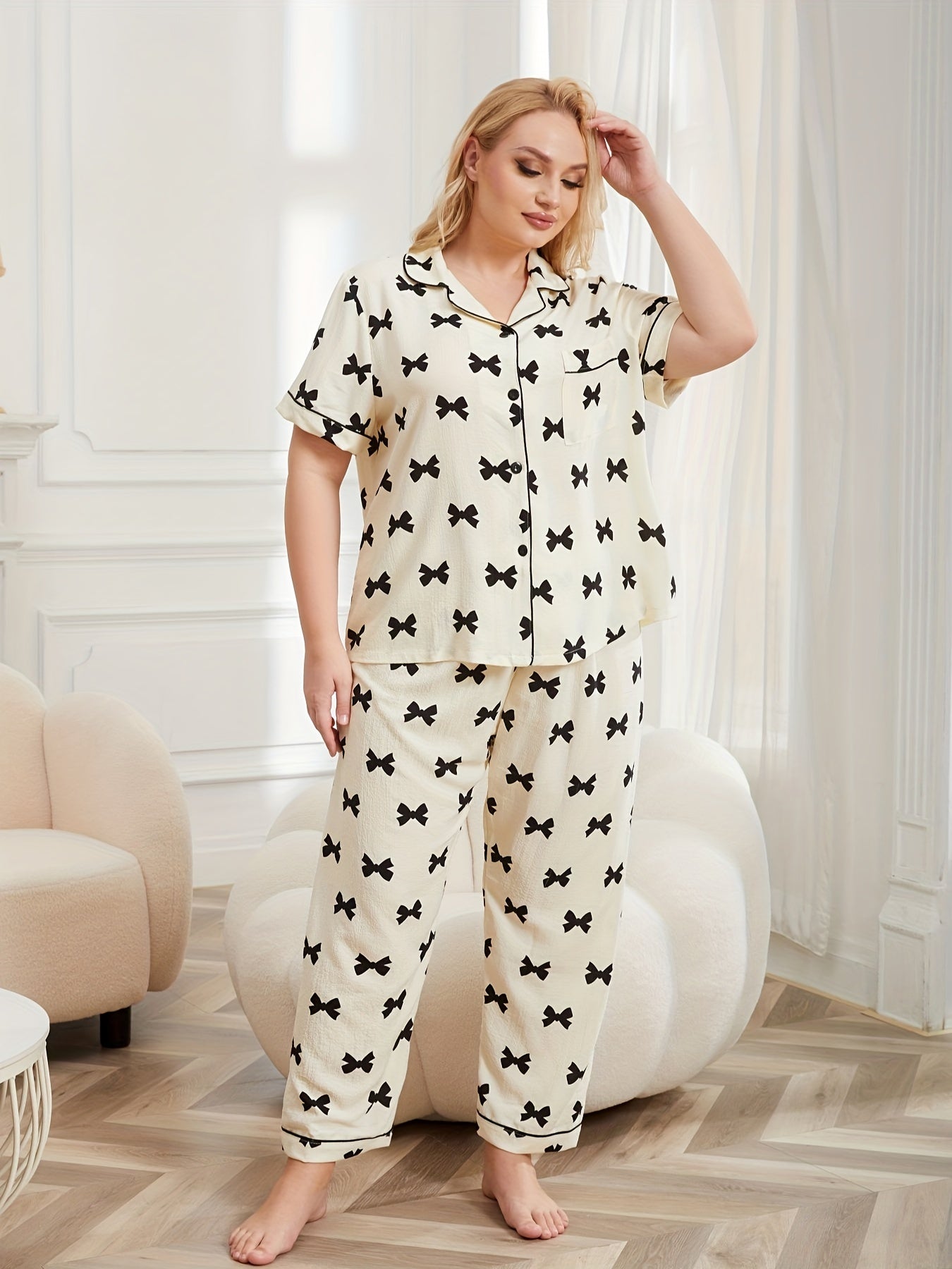 Bow Knot Print Pajama Set Short Sleeve Shirt & Pants