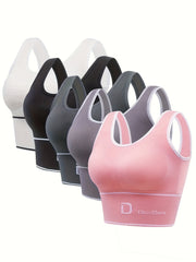 5 Pack Plus Size Sports Bras Set Women's Plus Letter Graphic Contrast Binding
