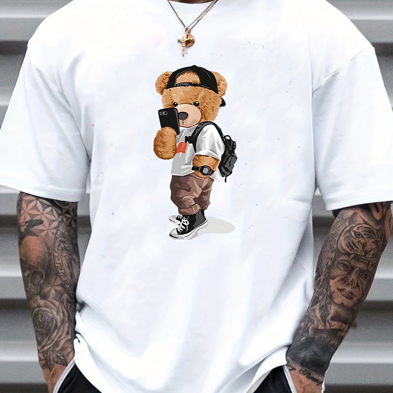 Cartoon Teddy Bear Print Men's Graphic Crew Neck T shirt