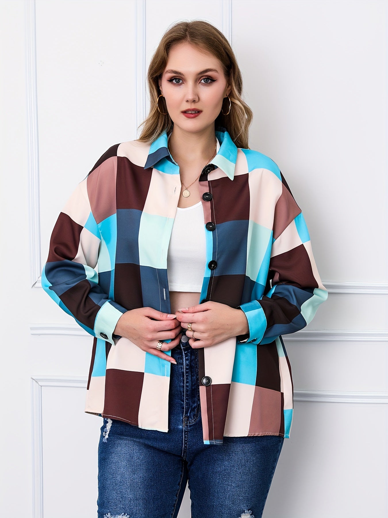 Colorblock Grid Print Long Sleeve Blouse