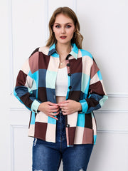 Colorblock Grid Print Long Sleeve Blouse