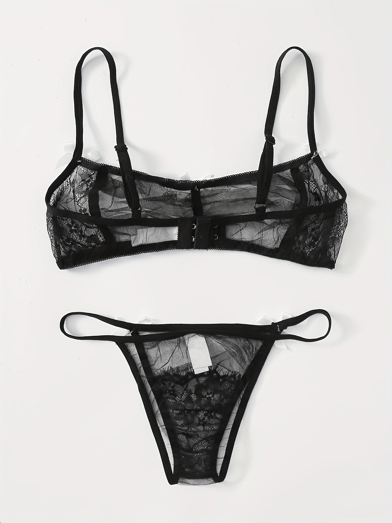 Sultry Lace Mesh Lingerie Set Sheer Unlined Bra & Bow Tie Panties