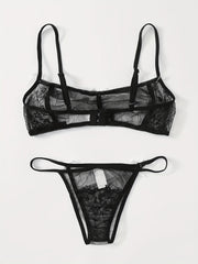 Sultry Lace Mesh Lingerie Set Sheer Unlined Bra & Bow Tie Panties