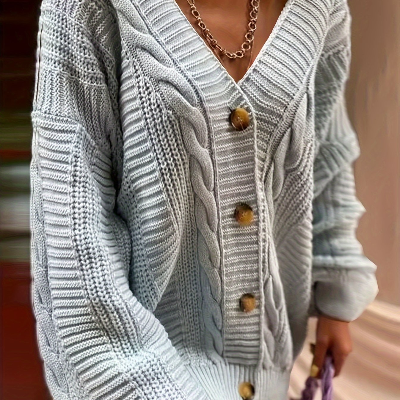 Solid Sweater Cardigan Lantern Sleeve Button Up