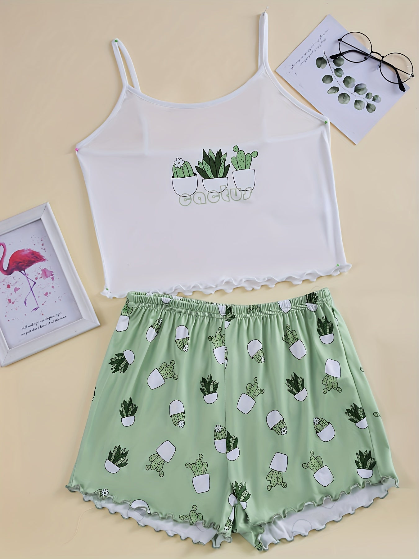 Cactus Print Pajama Set Crew Neck Cami Top & Shorts