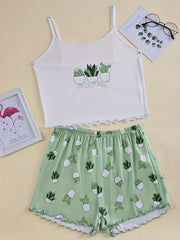 Cactus Print Pajama Set Crew Neck Cami Top & Shorts